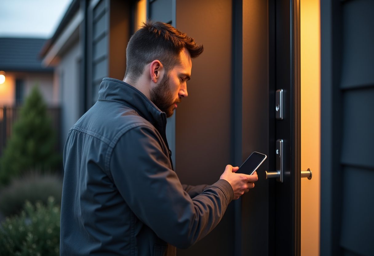 Keypad smart lock being installed on a modern front door — Beecroft